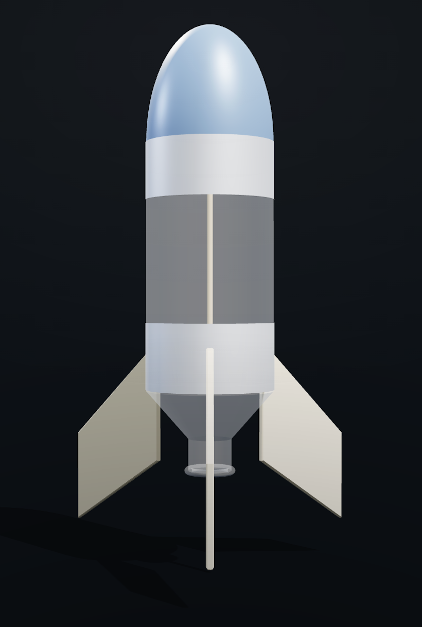 CAD render of the redesigned water-butane bottle rocket with a pointed weighted nose, an external skeleton over the bottle, and four sharp-edged fins