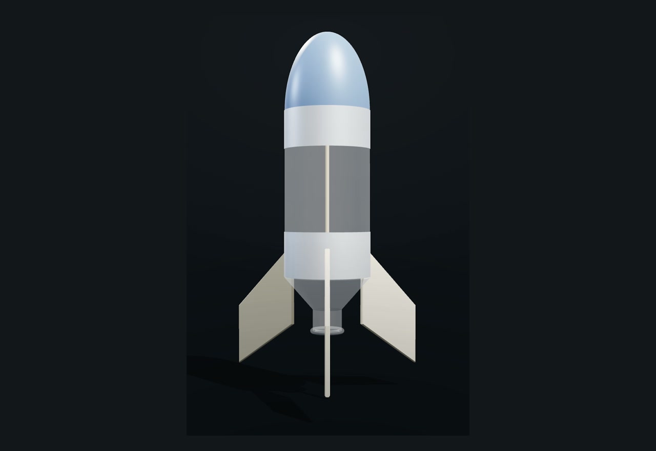 CAD render of the water-butane bottle rocket with a pointed nose and four fins