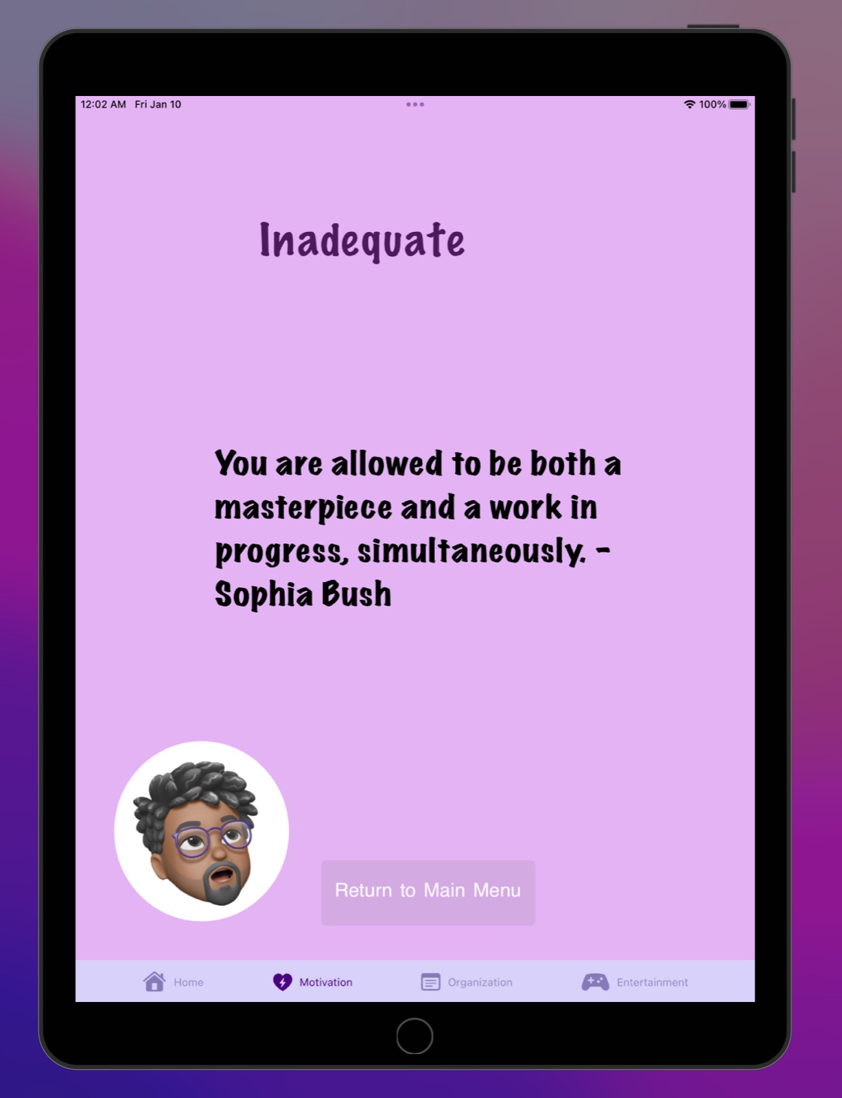Motivation: a quote tailored to the selected mood