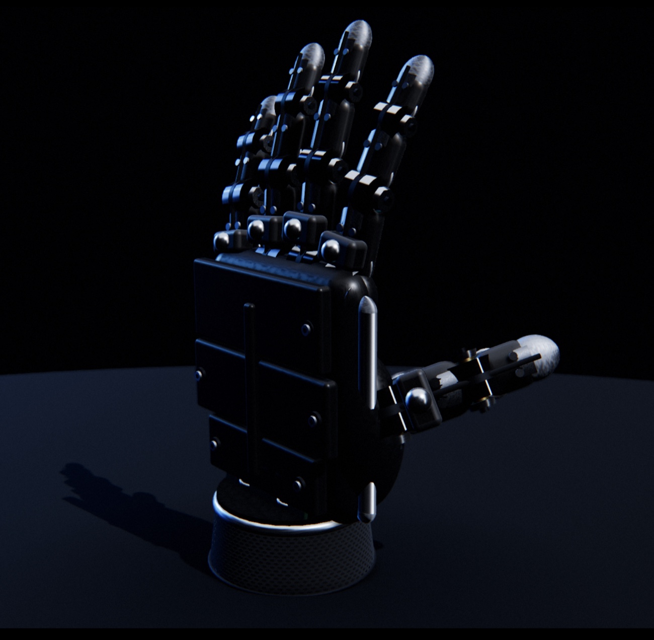 Five-finger robot-hand actuator CAD render, palm-side view, on a dark backdrop
