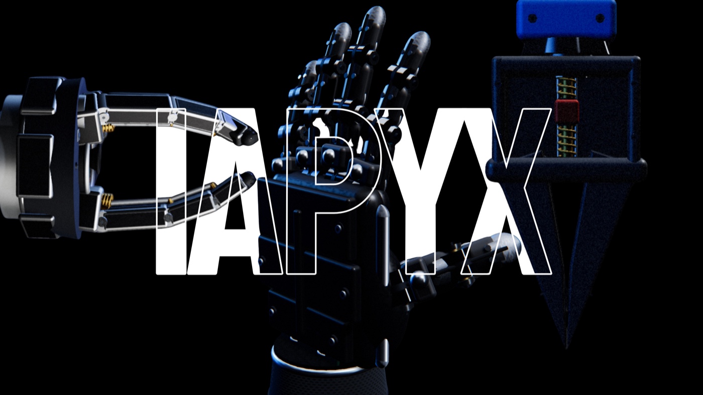 Project Iapyx title over three robot end-effectors, a pinch gripper, a five-finger hand, and an underactuated gripper, on a dark backdrop