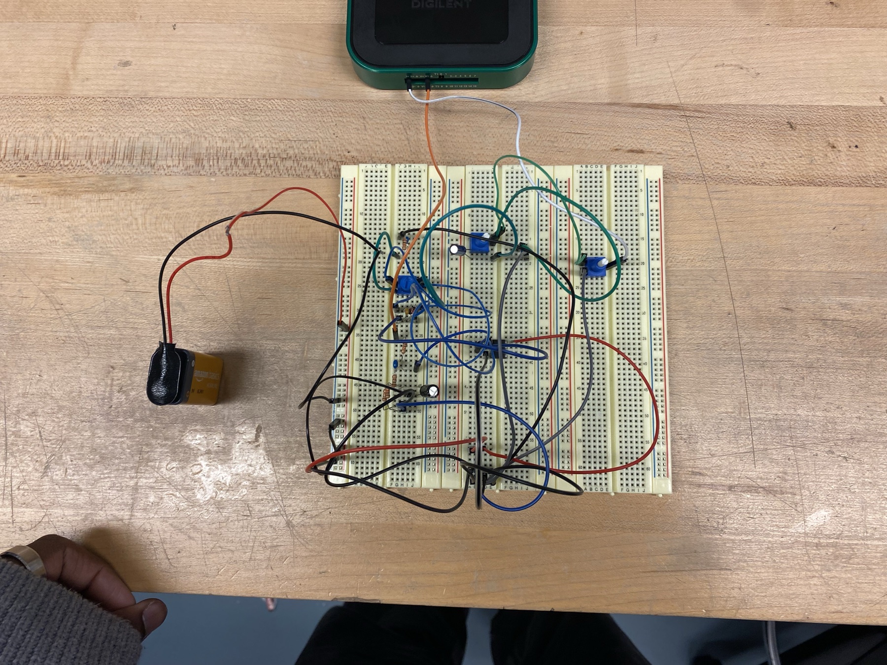 Overdrive pedal circuit built on a breadboard