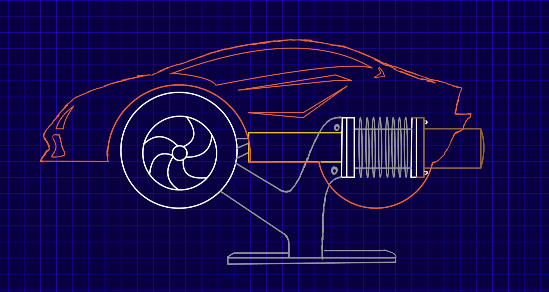 Blueprint-style line drawing: the engine's wireframe overlaid on the sports-car silhouette on a grid